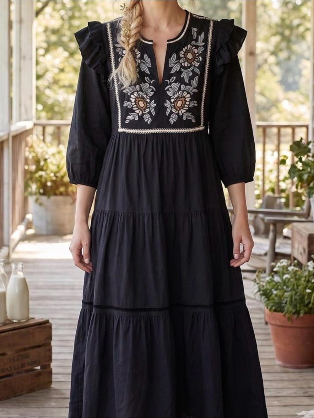 Piper & Scoot Embroidered Black Midi Dress with Ruffle Shoulders M